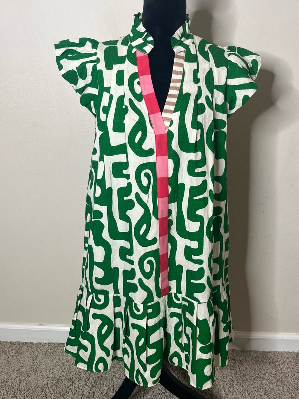 THML Women’s Green White Abstract Print Ruffle Knee Length Dress Sz M~NWT - Picture 1 of 11